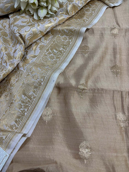 Elegant Pastel Banarasi Handloom Chiniya Silk Suit With Pastel Banarasi Silk Shikargah Dupatta - Luxurion World
