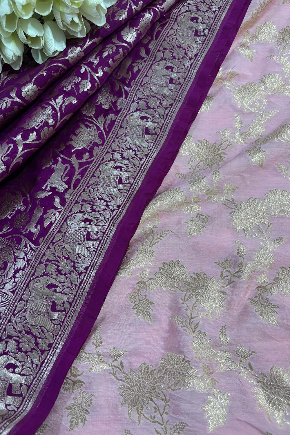 Stunning Pink Banarasi Handloom Pure Silk Suit With Purple Banarasi Silk Shikargah Dupatta - Luxurion World