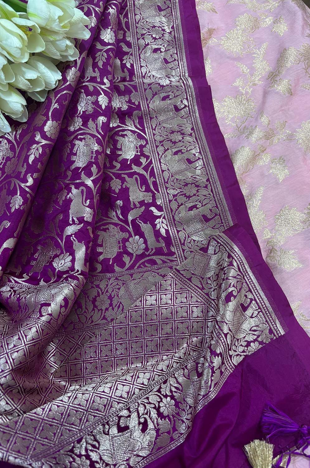 Stunning Pink Banarasi Handloom Pure Silk Suit With Purple Banarasi Silk Shikargah Dupatta - Luxurion World