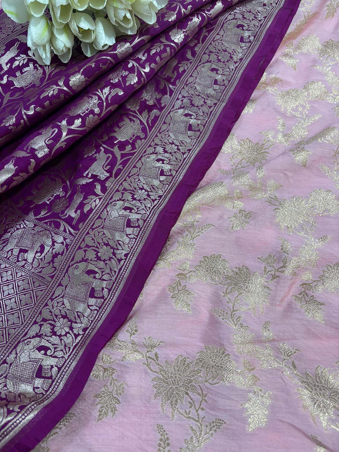 Stunning Pink Banarasi Handloom Pure Silk Suit With Purple Banarasi Silk Shikargah Dupatta - Luxurion World