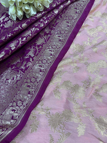 Stunning Pink Banarasi Handloom Pure Silk Suit With Purple Banarasi Silk Shikargah Dupatta - Luxurion World