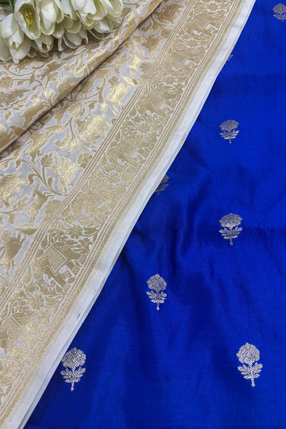 Elegant Blue Banarasi Handloom Chiniya Silk Suit With Pastel Banarasi Silk Shikargah Dupatta - Luxurion World