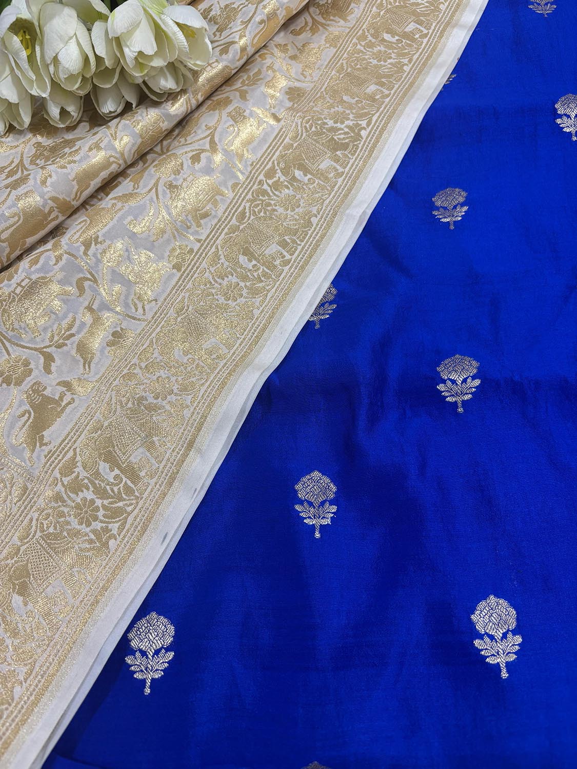 Elegant Blue Banarasi Handloom Chiniya Silk Suit With Pastel Banarasi Silk Shikargah Dupatta - Luxurion World