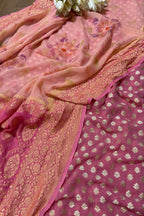 Pink Banarasi Pure Georgette Suit With Peach Banarasi Handloom Pure Georgette Brush Dye Dupatta - Luxurion World