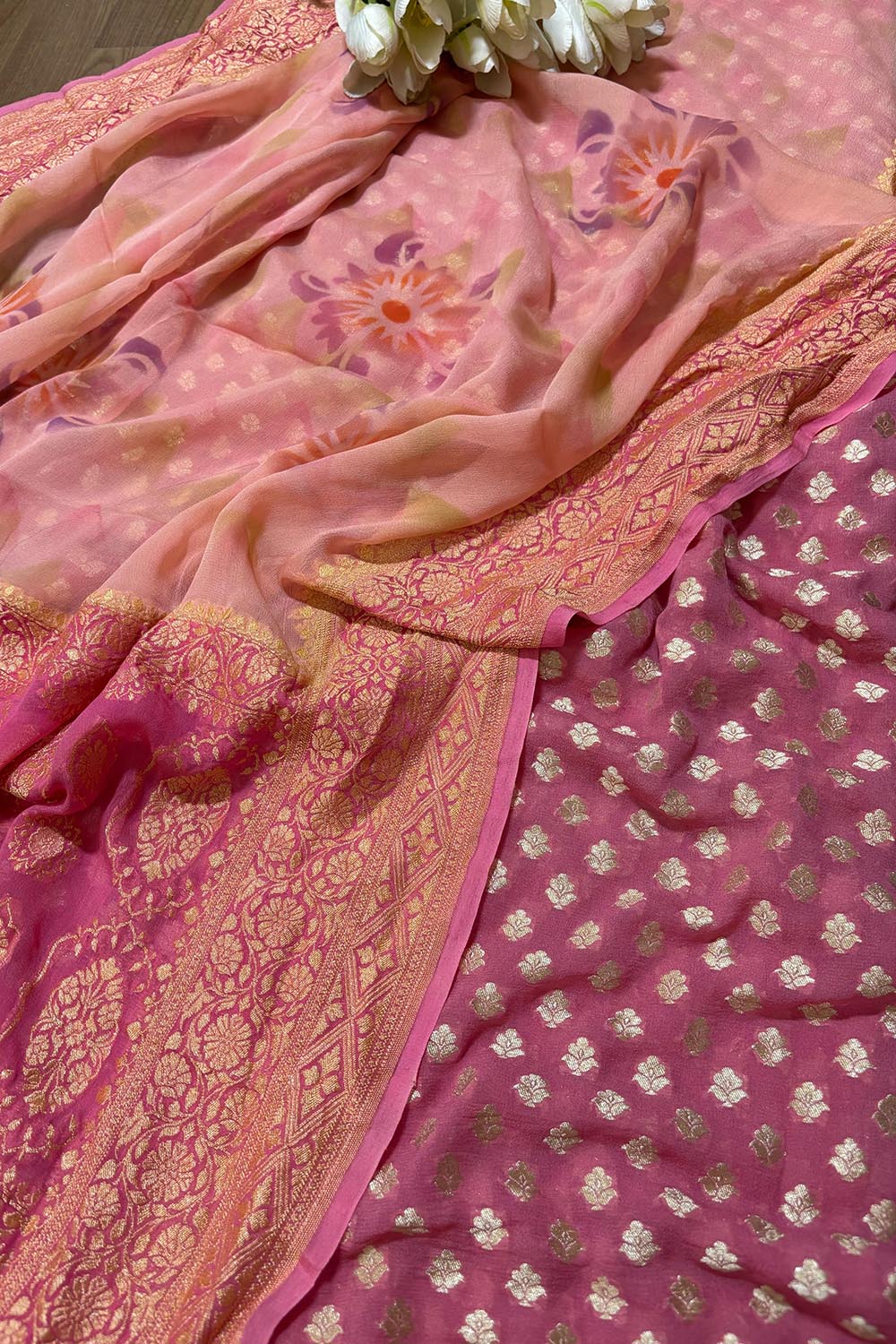 Pink Banarasi Pure Georgette Suit With Peach Banarasi Handloom Pure Georgette Brush Dye Dupatta - Luxurion World