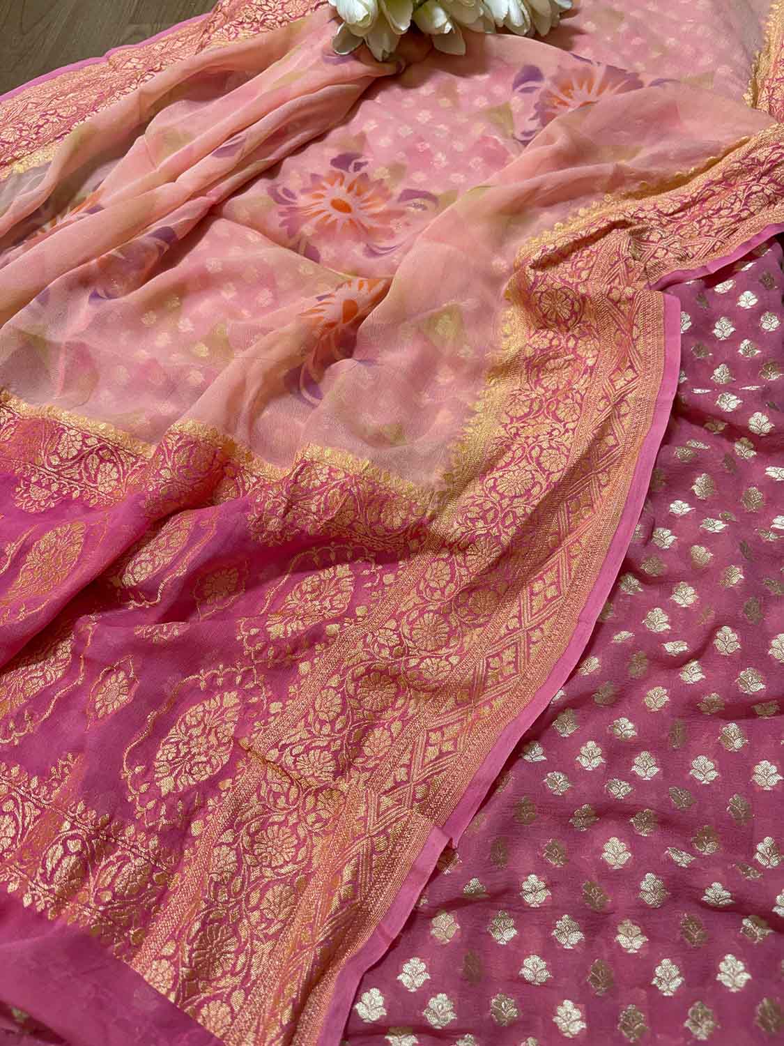 Pink Banarasi Pure Georgette Suit With Peach Banarasi Handloom Pure Georgette Brush Dye Dupatta - Luxurion World