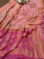 Pink Banarasi Pure Georgette Suit With Peach Banarasi Handloom Pure Georgette Brush Dye Dupatta - Luxurion World