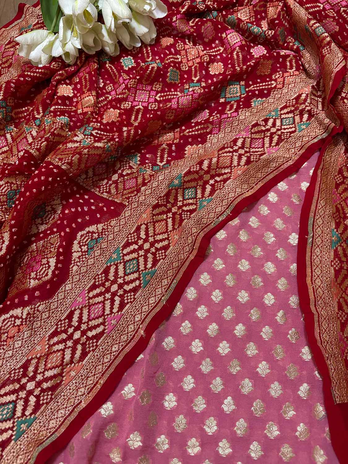 Stunning Pink Banarasi Georgette Suit with Red Bandhani Dupatta - Luxurion World