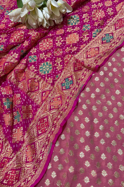 Pink Banarasi Pure Georgette Suit With Pink Banarasi Bandhani Pure Georgette Meenakari Dupatta - Luxurion World