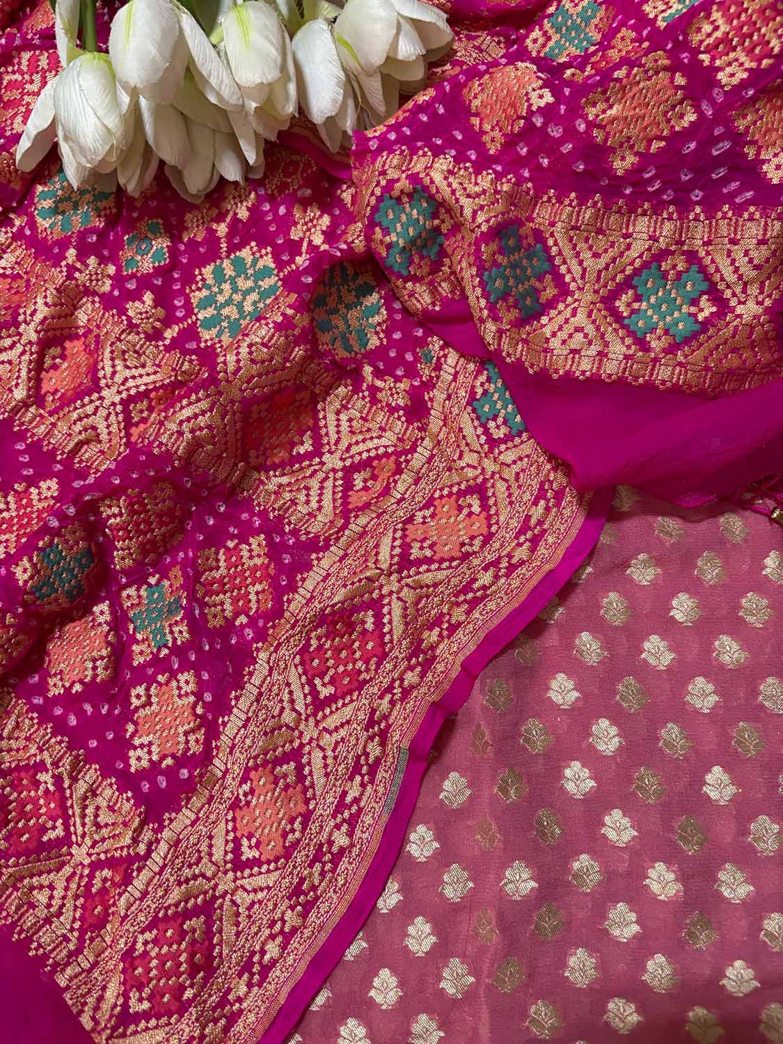 Pink Banarasi Pure Georgette Suit With Pink Banarasi Bandhani Pure Georgette Meenakari Dupatta - Luxurion World