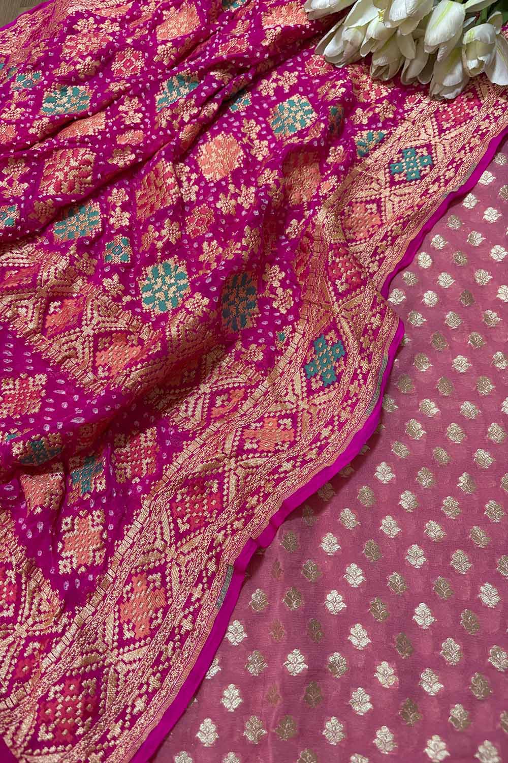 Pink Banarasi Pure Georgette Suit With Pink Banarasi Bandhani Pure Georgette Meenakari Dupatta - Luxurion World