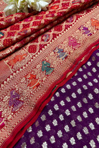 Stunning Purple Banarasi Pure Georgette Suit With Red Banarasi Bandhani Pure Georgette Meenakari Dupatta - Luxurion World