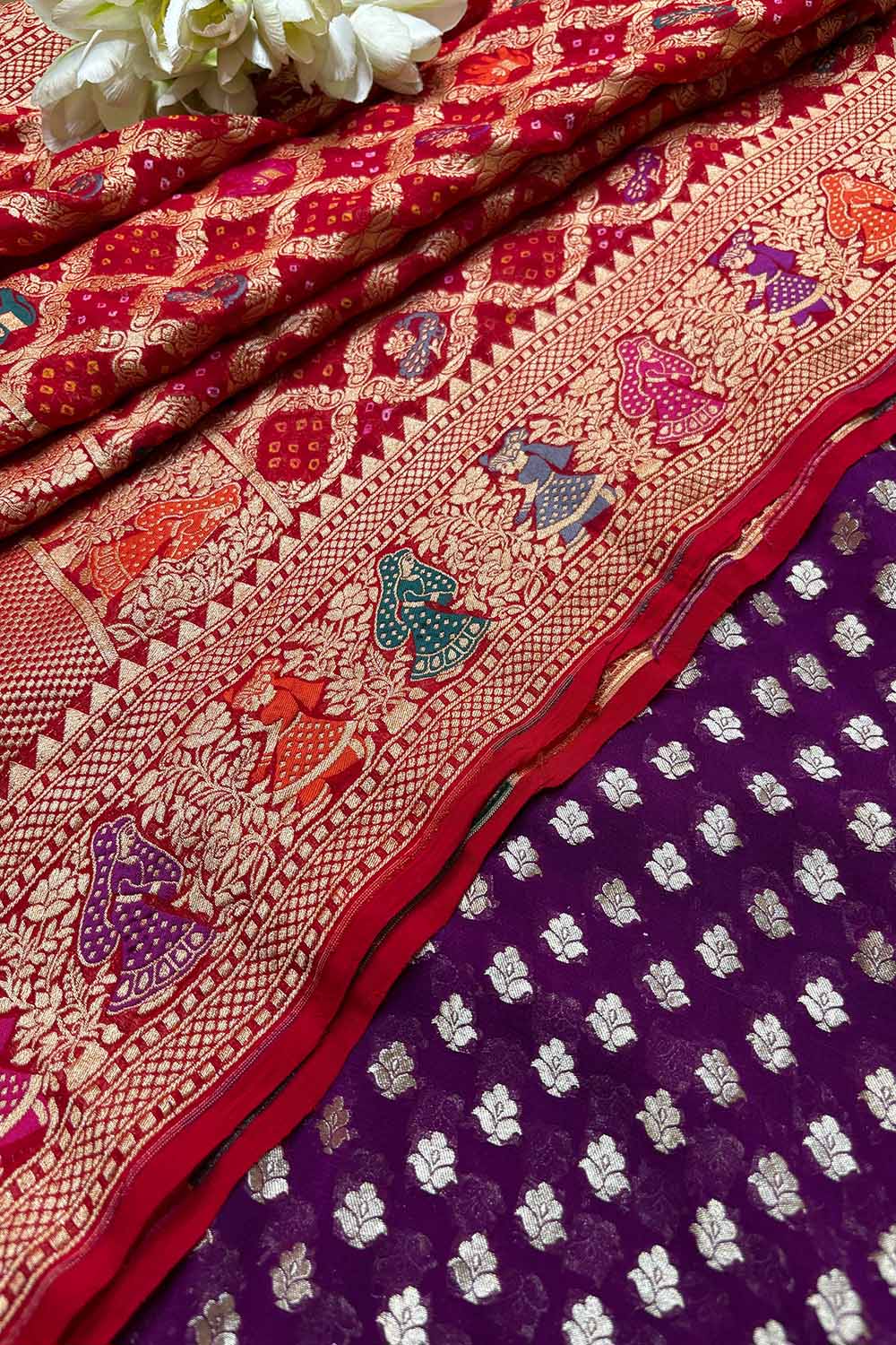 Stunning Purple Banarasi Pure Georgette Suit With Red Banarasi Bandhani Pure Georgette Meenakari Dupatta - Luxurion World
