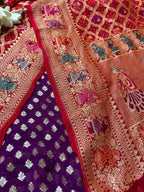 Stunning Purple Banarasi Pure Georgette Suit With Red Banarasi Bandhani Pure Georgette Meenakari Dupatta - Luxurion World