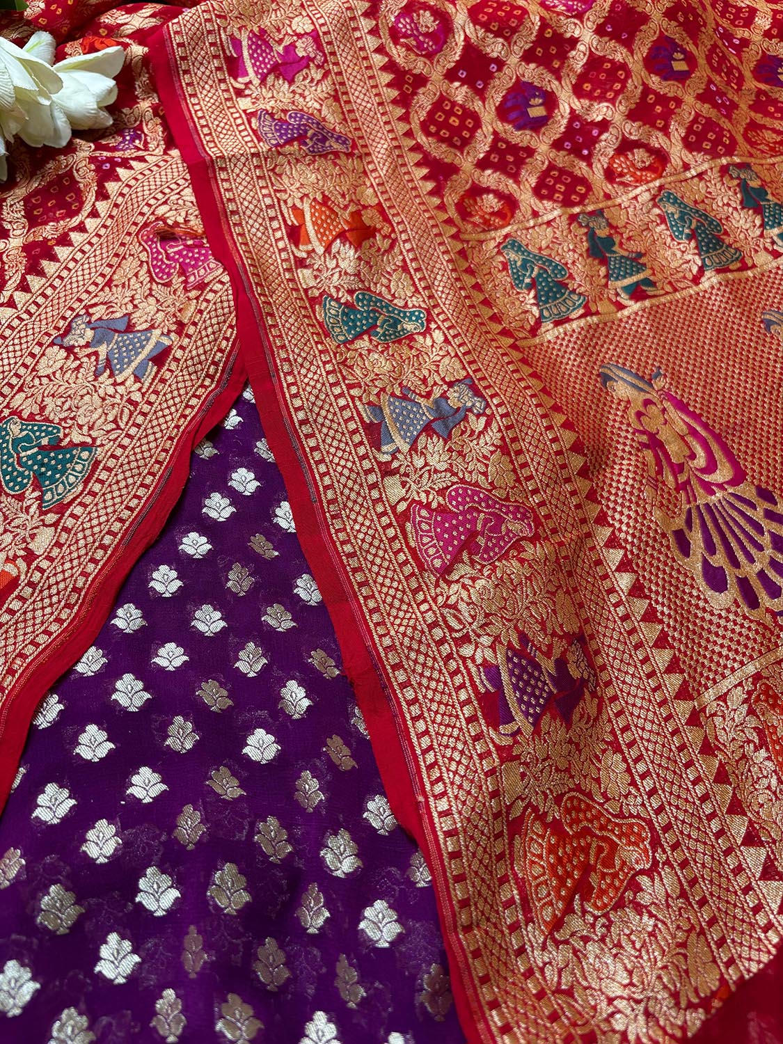Stunning Purple Banarasi Pure Georgette Suit With Red Banarasi Bandhani Pure Georgette Meenakari Dupatta - Luxurion World