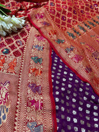 Stunning Purple Banarasi Pure Georgette Suit With Red Banarasi Bandhani Pure Georgette Meenakari Dupatta - Luxurion World