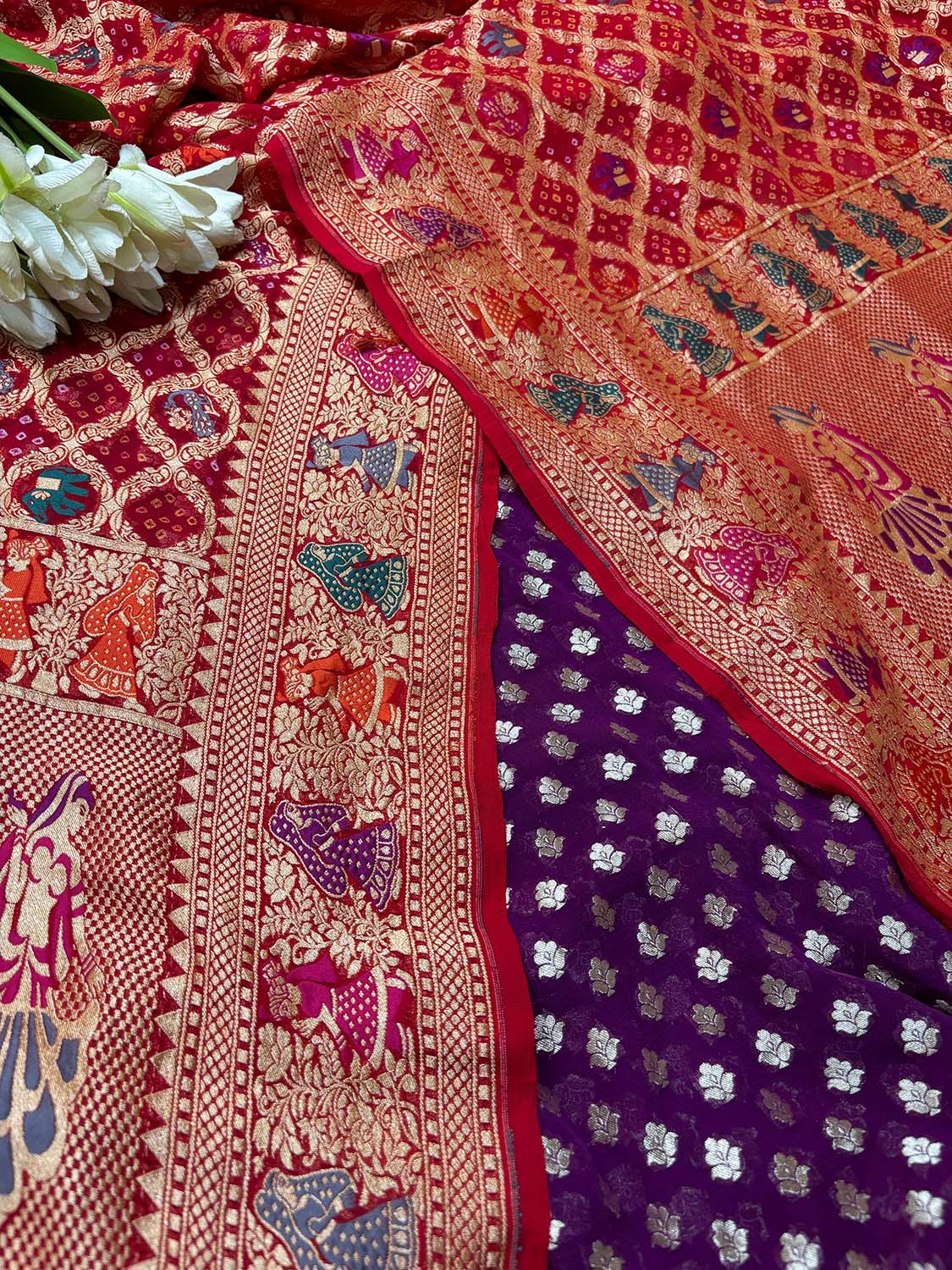Stunning Purple Banarasi Pure Georgette Suit With Red Banarasi Bandhani Pure Georgette Meenakari Dupatta - Luxurion World