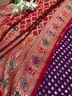 Stunning Purple Banarasi Pure Georgette Suit With Red Banarasi Bandhani Pure Georgette Meenakari Dupatta - Luxurion World