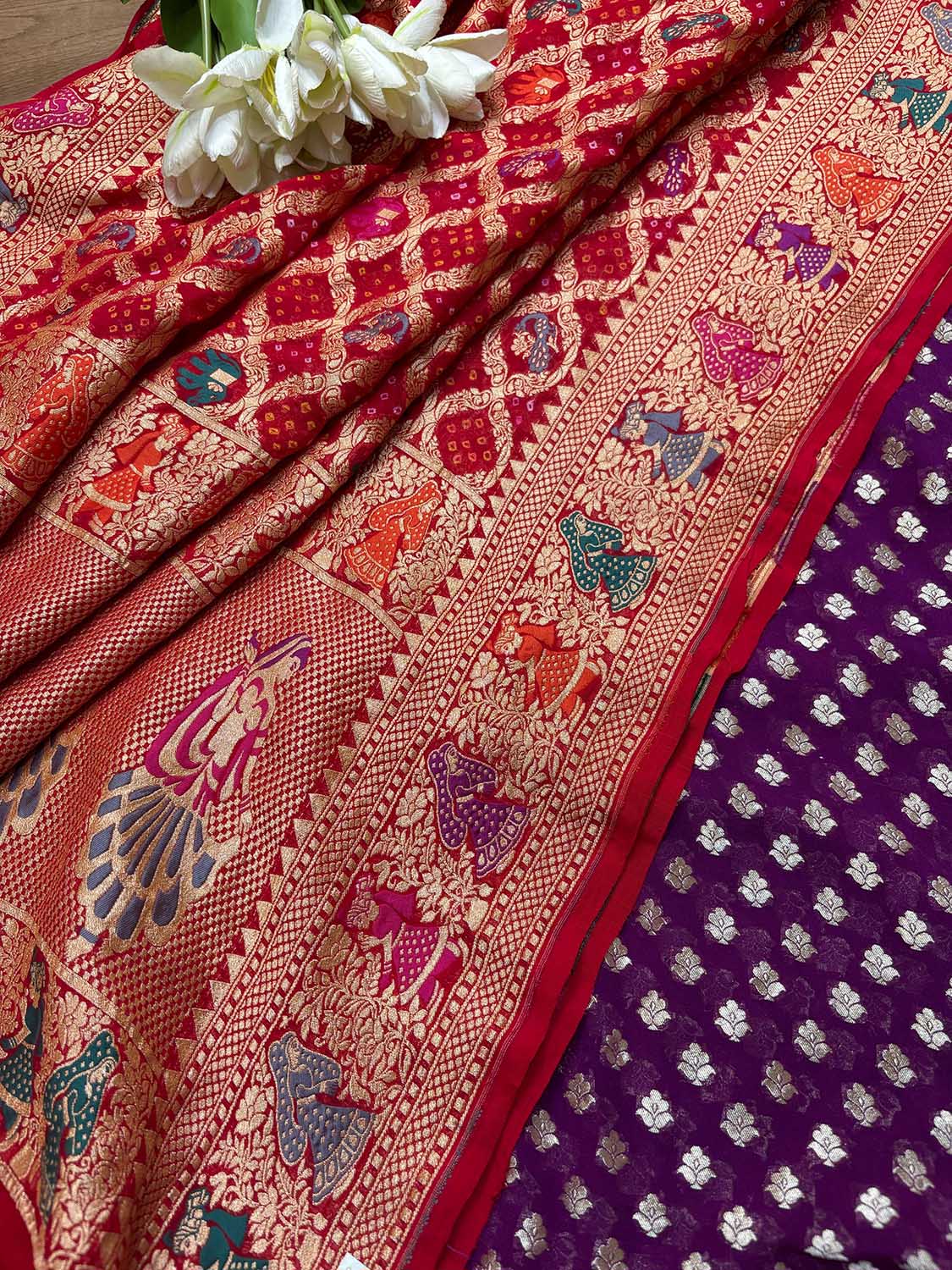 Stunning Purple Banarasi Pure Georgette Suit With Red Banarasi Bandhani Pure Georgette Meenakari Dupatta - Luxurion World