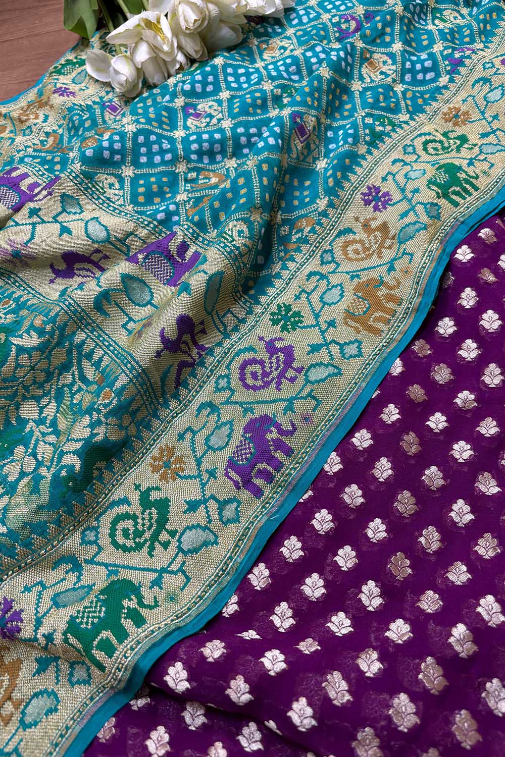 Elegant Purple Banarasi Pure Georgette Suit With Blue Banarasi Bandhani Pure Georgette Meenakari Dupatta - Luxurion World