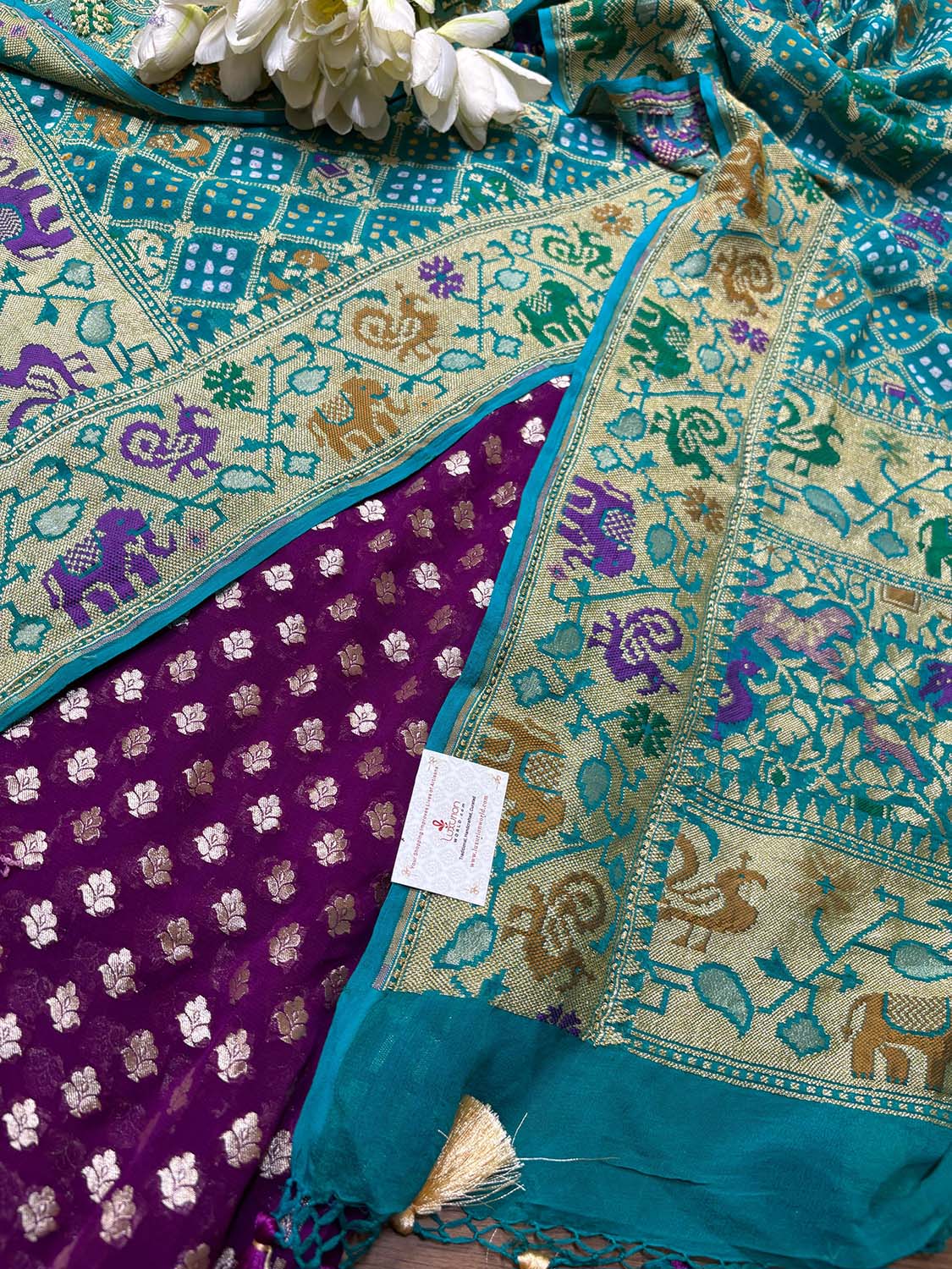 Elegant Purple Banarasi Pure Georgette Suit With Blue Banarasi Bandhani Pure Georgette Meenakari Dupatta - Luxurion World