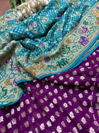 Elegant Purple Banarasi Pure Georgette Suit With Blue Banarasi Bandhani Pure Georgette Meenakari Dupatta - Luxurion World