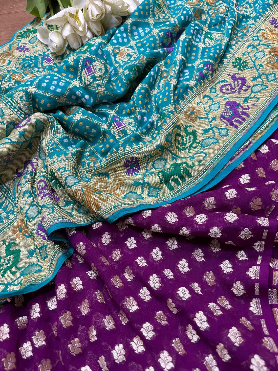 Elegant Purple Banarasi Pure Georgette Suit With Blue Banarasi Bandhani Pure Georgette Meenakari Dupatta - Luxurion World