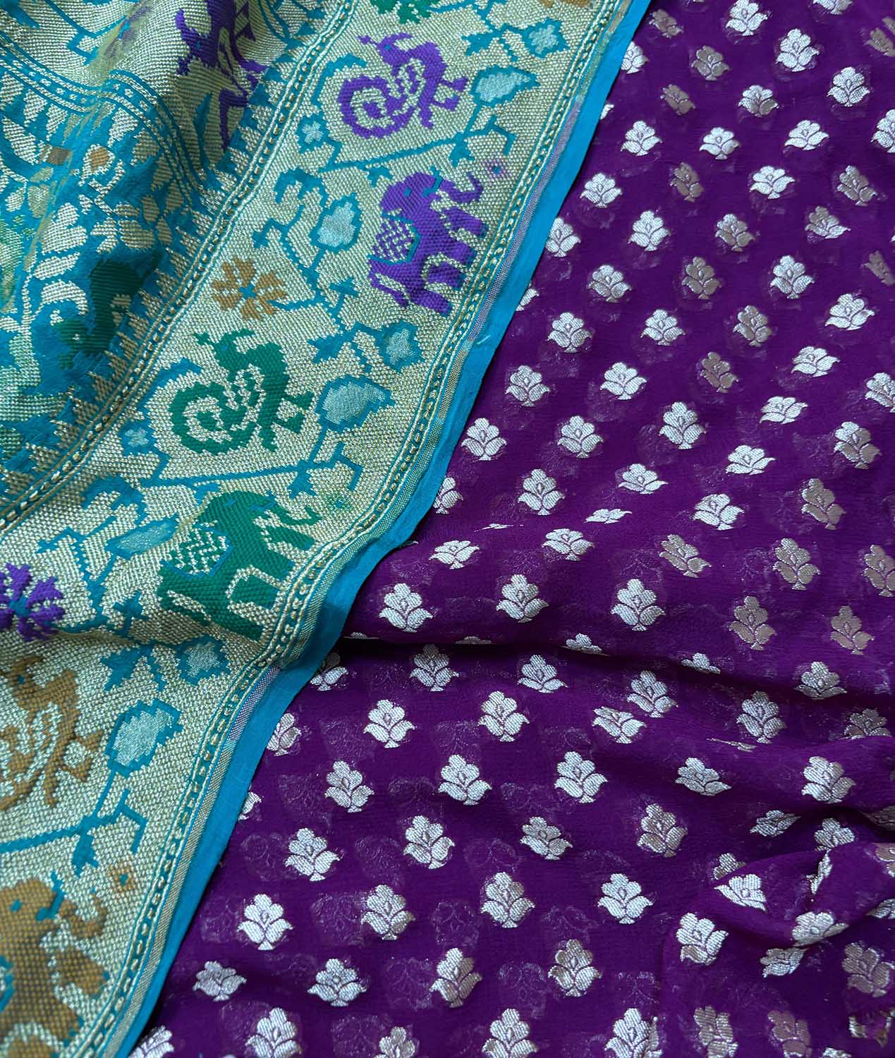 Elegant Purple Banarasi Pure Georgette Suit With Blue Banarasi Bandhani Pure Georgette Meenakari Dupatta - Luxurion World