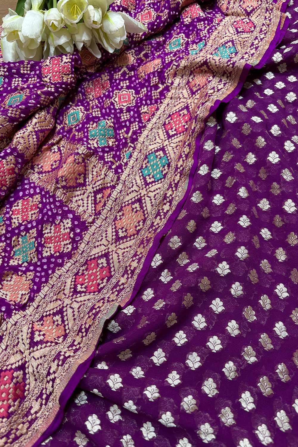 Elegant Purple Banarasi Pure Georgette Suit With Purple Banarasi Bandhani Pure Georgette Meenakari Dupatta - Luxurion World