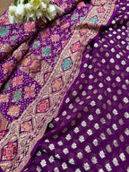 Elegant Purple Banarasi Pure Georgette Suit With Purple Banarasi Bandhani Pure Georgette Meenakari Dupatta - Luxurion World