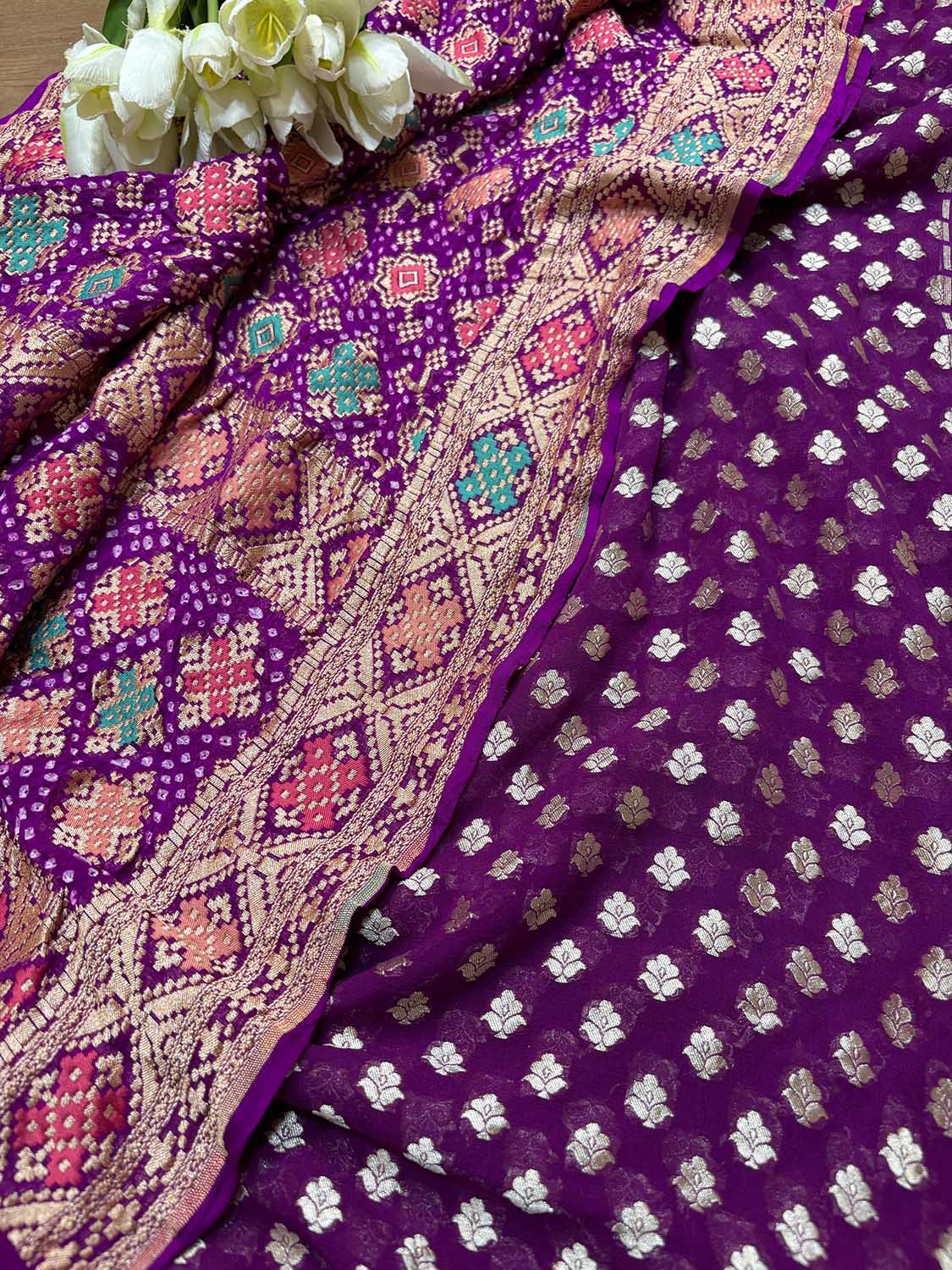 Elegant Purple Banarasi Pure Georgette Suit With Purple Banarasi Bandhani Pure Georgette Meenakari Dupatta - Luxurion World