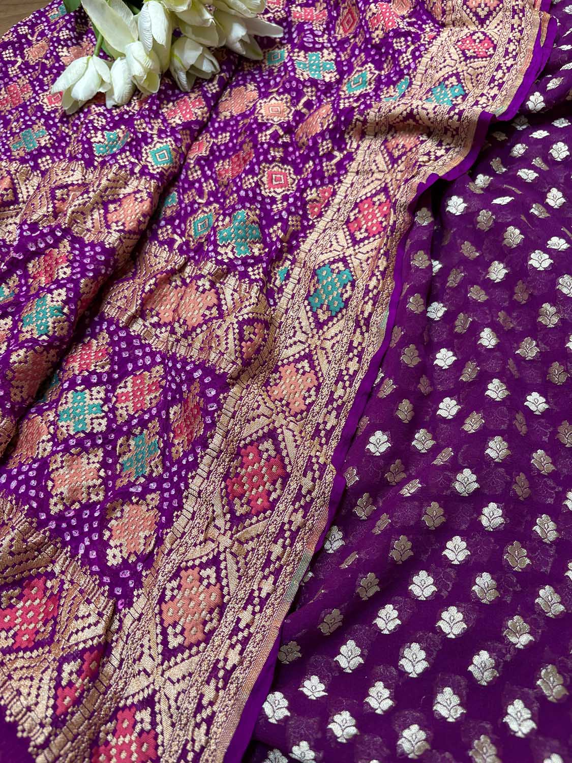 Elegant Purple Banarasi Pure Georgette Suit With Purple Banarasi Bandhani Pure Georgette Meenakari Dupatta - Luxurion World