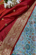 Blue Banarasi Pure Silk Suit With Red Handloom Banarasi Pure Katan Silk Dupatta - Luxurion World