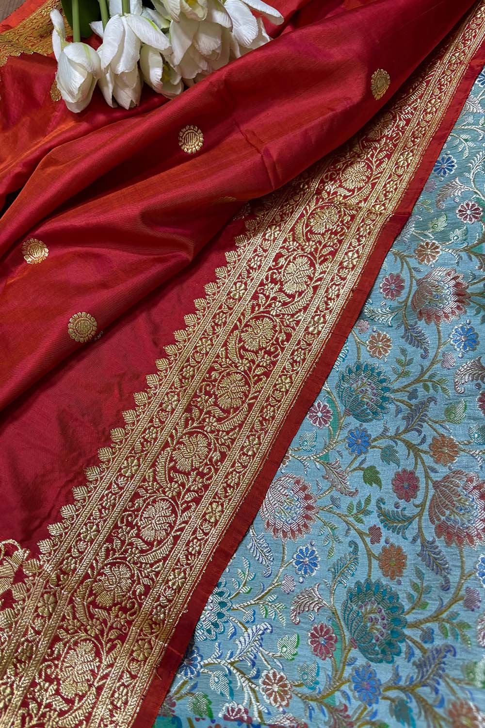 Blue Banarasi Pure Silk Suit With Red Handloom Banarasi Pure Katan Silk Dupatta - Luxurion World