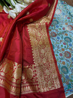 Blue Banarasi Pure Silk Suit With Red Handloom Banarasi Pure Katan Silk Dupatta - Luxurion World