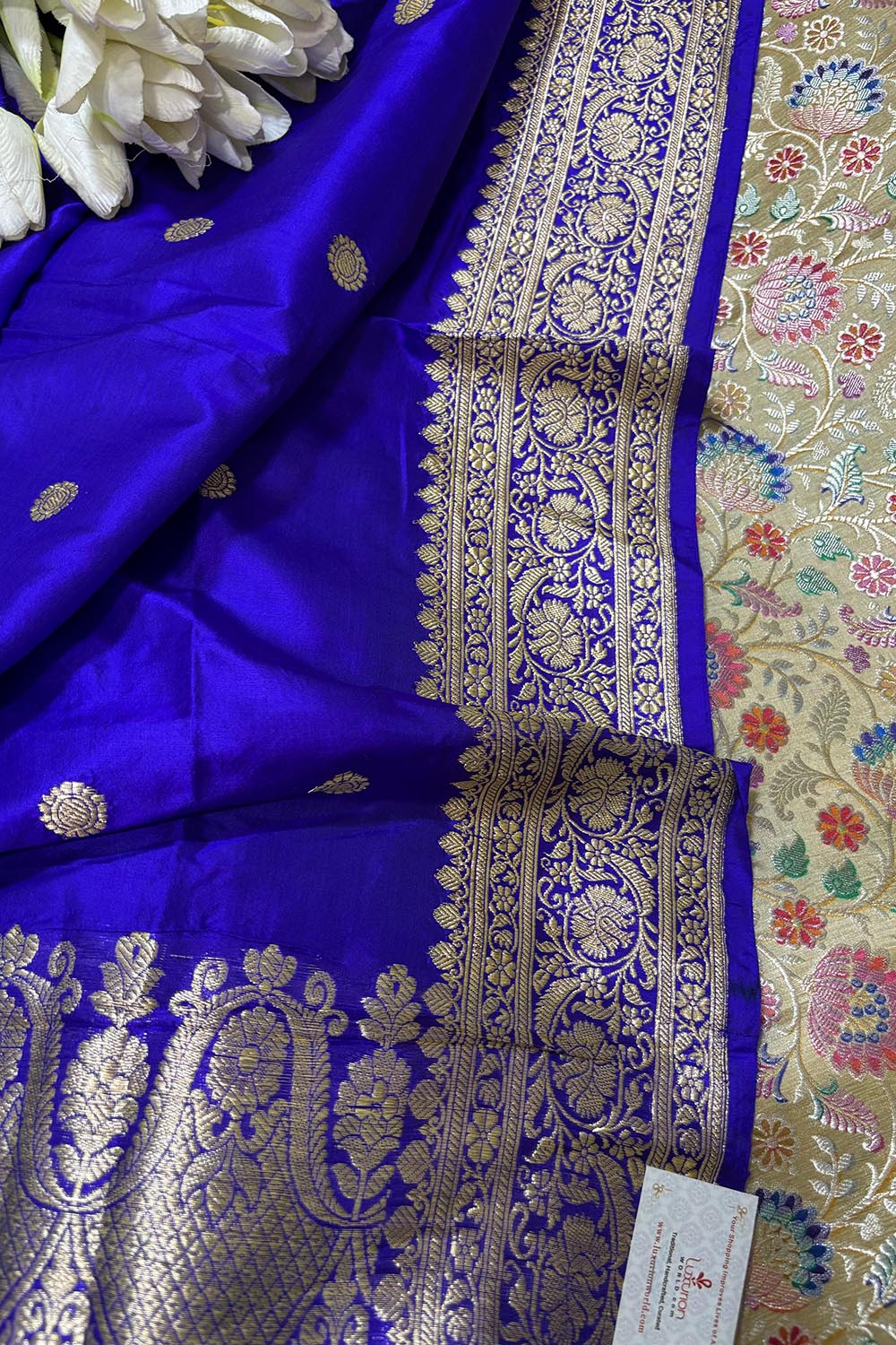 Stunning Multicolor Banarasi Pure Silk Suit With Purplish Blue Handloom Banarasi Pure Katan Silk Dupatta - Luxurion World