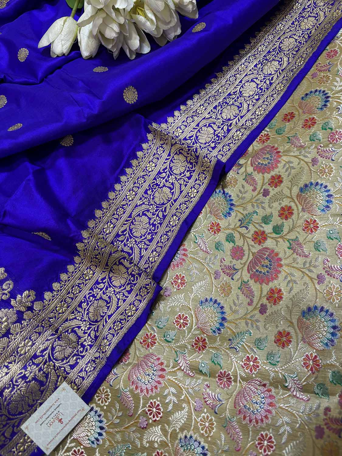 Stunning Multicolor Banarasi Pure Silk Suit With Purplish Blue Handloom Banarasi Pure Katan Silk Dupatta - Luxurion World