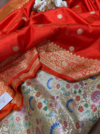 Stunning Multicolor Banarasi Pure Silk Suit With Orange Handloom Banarasi Pure Katan Silk Dupatta - Luxurion World
