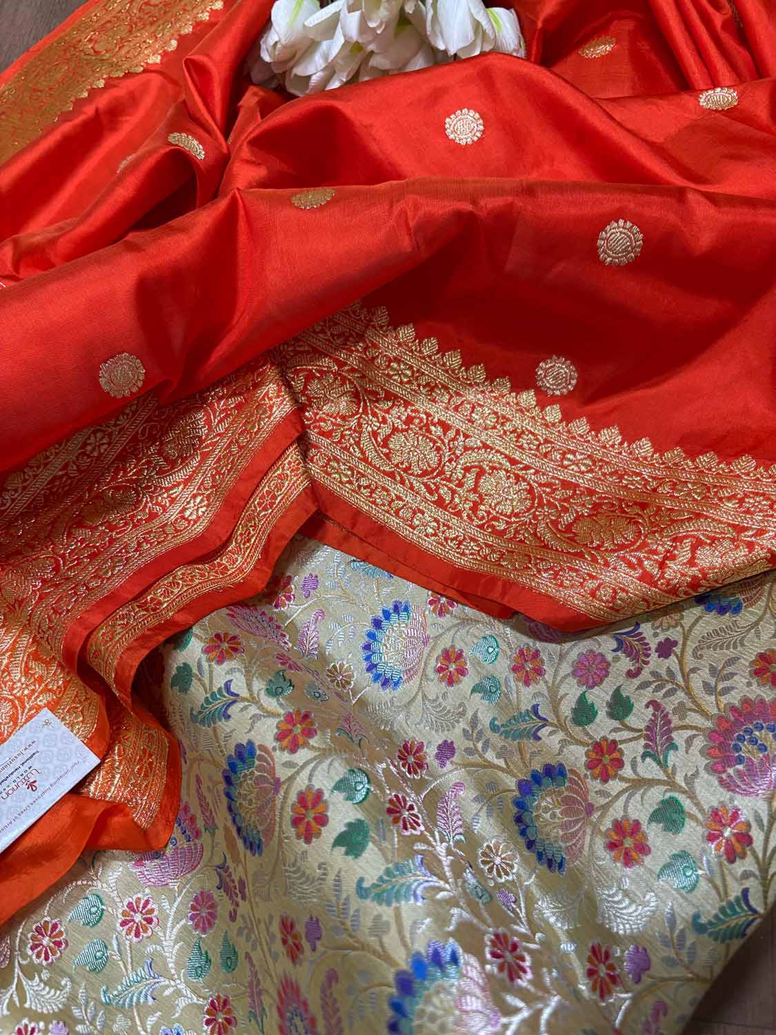 Stunning Multicolor Banarasi Pure Silk Suit With Orange Handloom Banarasi Pure Katan Silk Dupatta - Luxurion World
