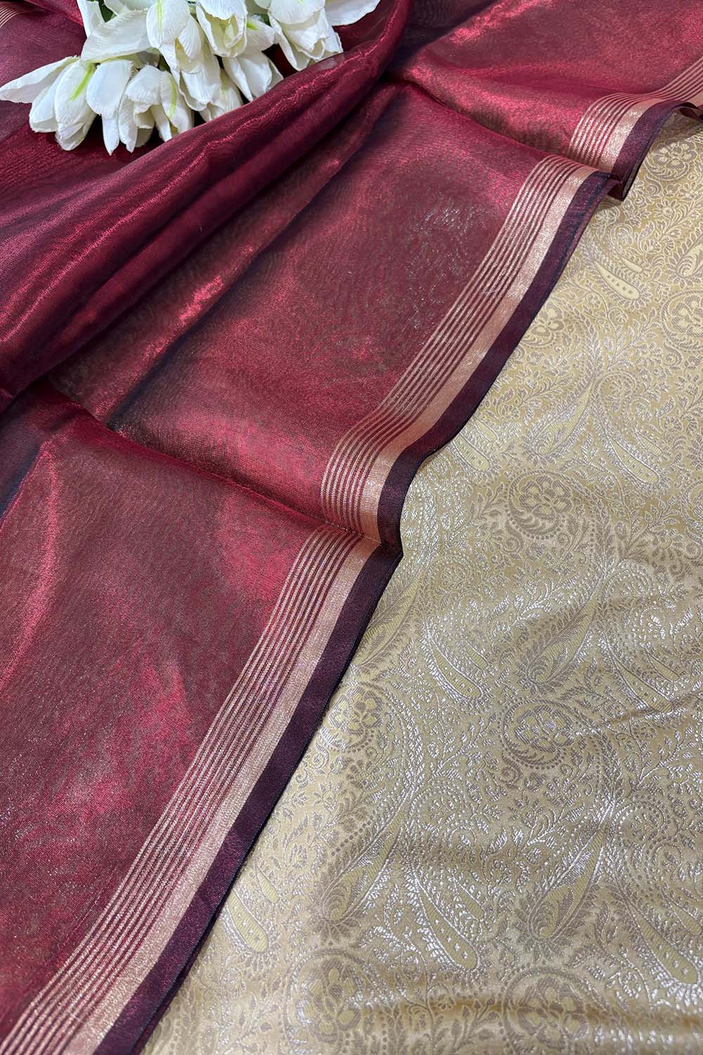 Golden Banarasi Silk Soft Brocade Flower Design Suit With Maroon Banarasi Plain Tissue Dupatta - Luxurion World