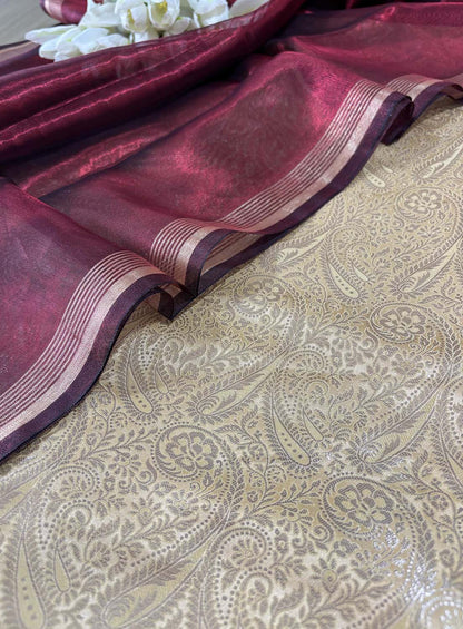 Golden Banarasi Silk Soft Brocade Flower Design Suit With Maroon Banarasi Plain Tissue Dupatta - Luxurion World