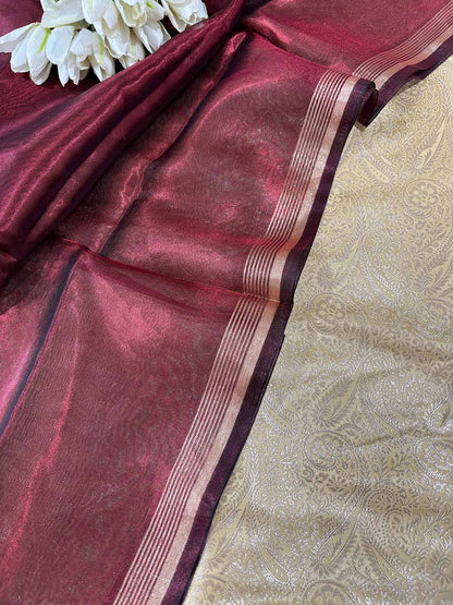 Golden Banarasi Silk Soft Brocade Flower Design Suit With Maroon Banarasi Plain Tissue Dupatta - Luxurion World