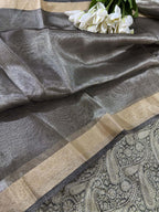 Black Banarasi Silk Soft Brocade Flower Design Suit With Pastel Banarasi Plain Tissue Dupatta - Luxurion World