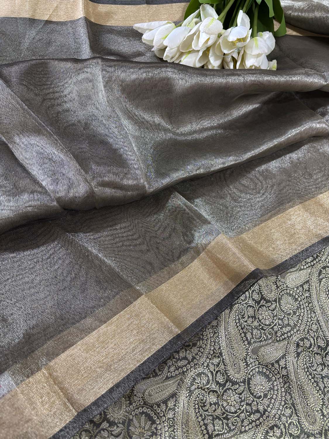 Black Banarasi Silk Soft Brocade Flower Design Suit With Pastel Banarasi Plain Tissue Dupatta - Luxurion World