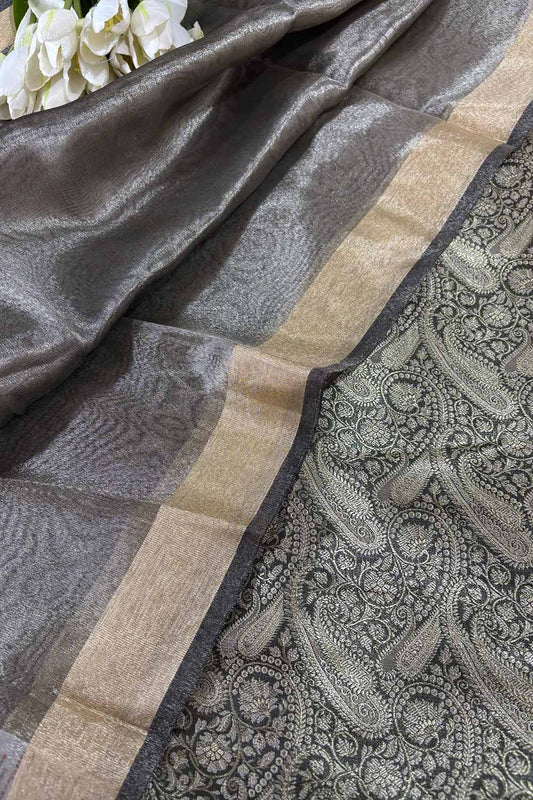 Black Banarasi Silk Soft Brocade Flower Design Suit With Pastel Banarasi Plain Tissue Dupatta - Luxurion World