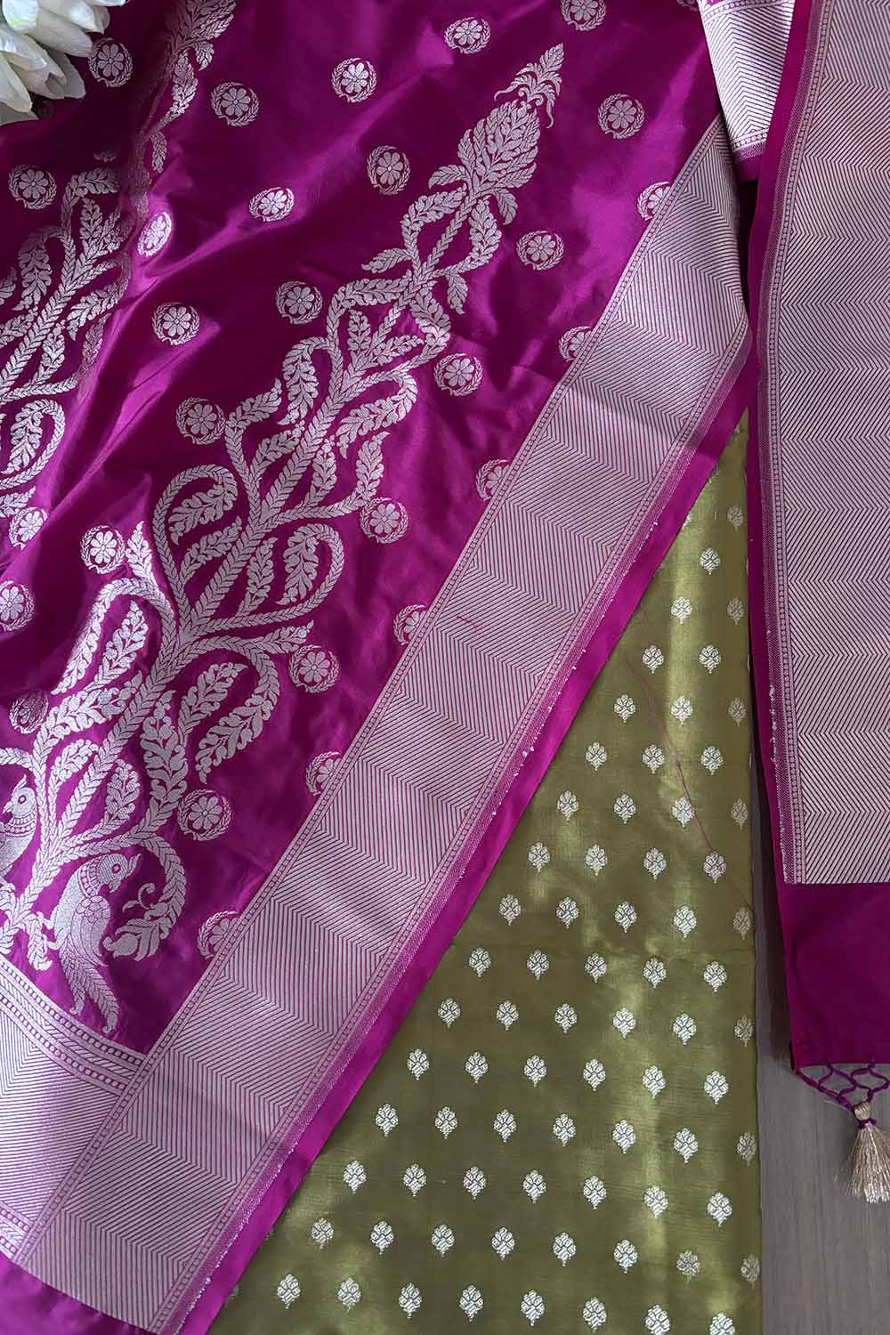 Green Banarasi Silk Small Booti Design Suit With Pink Banarasi Silk Dupatta - Luxurion World