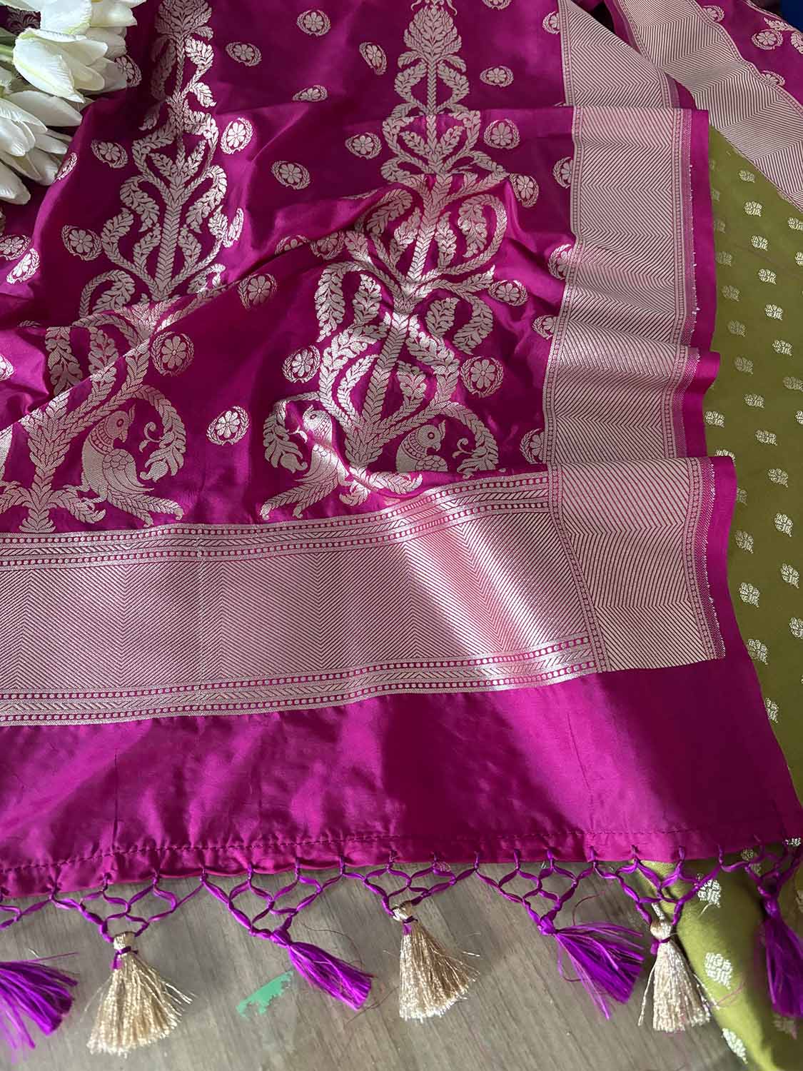 Green Banarasi Silk Small Booti Design Suit With Pink Banarasi Silk Dupatta - Luxurion World