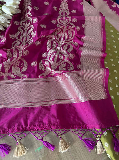 Green Banarasi Silk Small Booti Design Suit With Pink Banarasi Silk Dupatta - Luxurion World