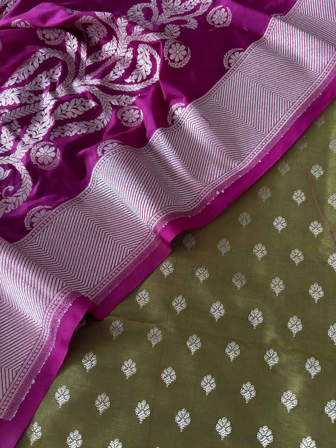 Green Banarasi Silk Small Booti Design Suit With Pink Banarasi Silk Dupatta - Luxurion World