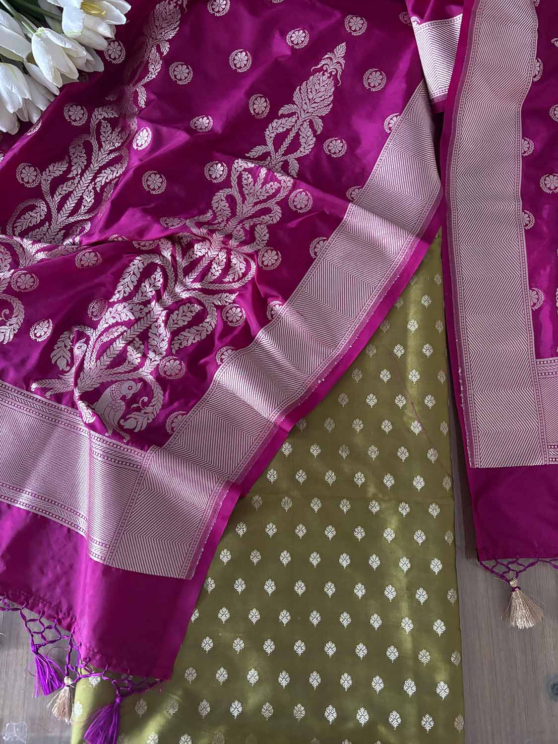 Green Banarasi Silk Small Booti Design Suit With Pink Banarasi Silk Dupatta - Luxurion World